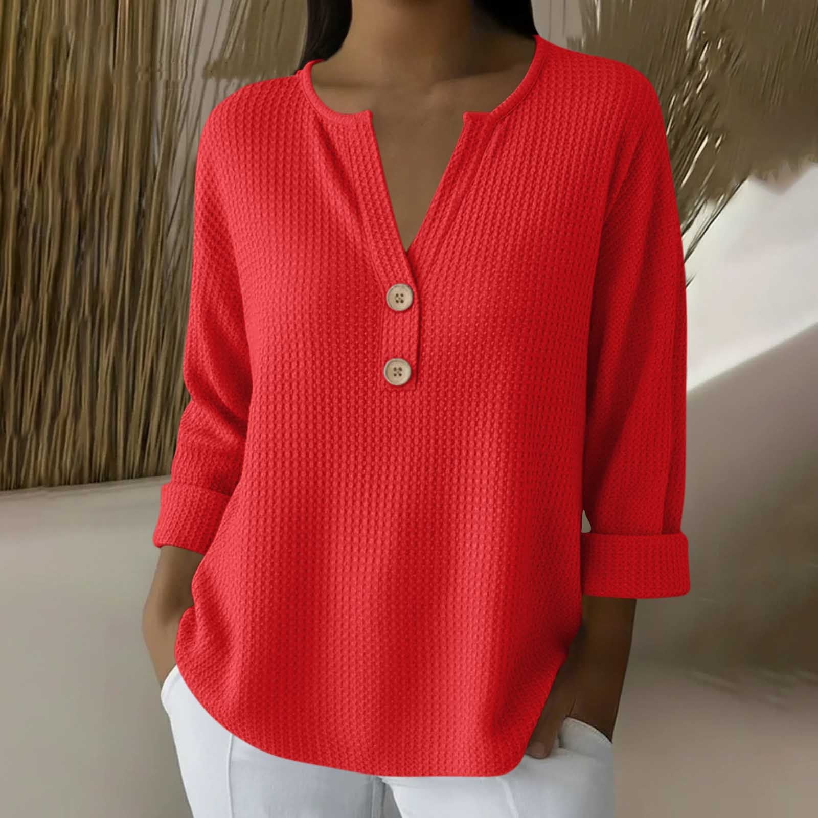 Vivianyn HD Women's Waffle Knit Henley Top, Button Front Long Sleeve ...