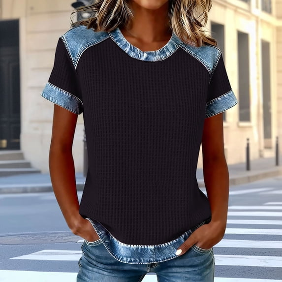 Vivianyn HD Women's Waffle Knit T Shirt, Denim Trim Raglan Sleeve Casual Top,Black,Size S-XXXL