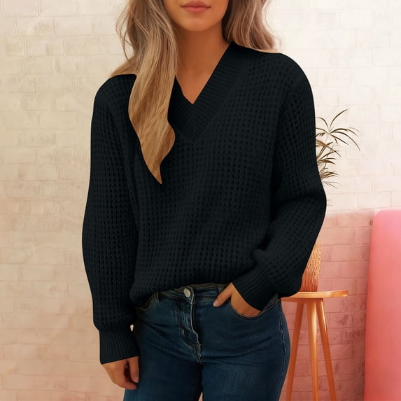Vivianyn HD Women's Waffle Knit V Neck Sweater, Long Sleeve Casual Knit Pullover,Black,Size S-L