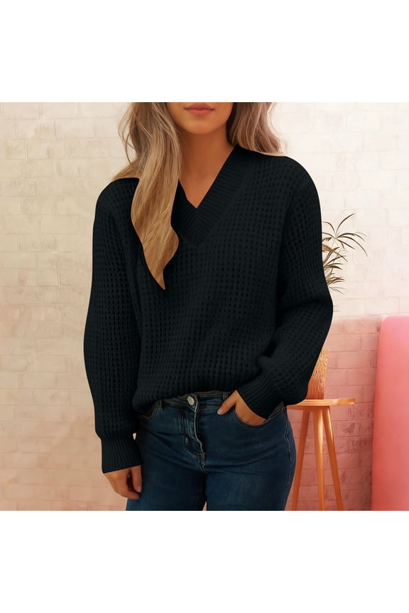 Vivianyn HD Women's Waffle Knit V Neck Sweater, Long Sleeve Casual Knit Pullover,Black,Size S-L