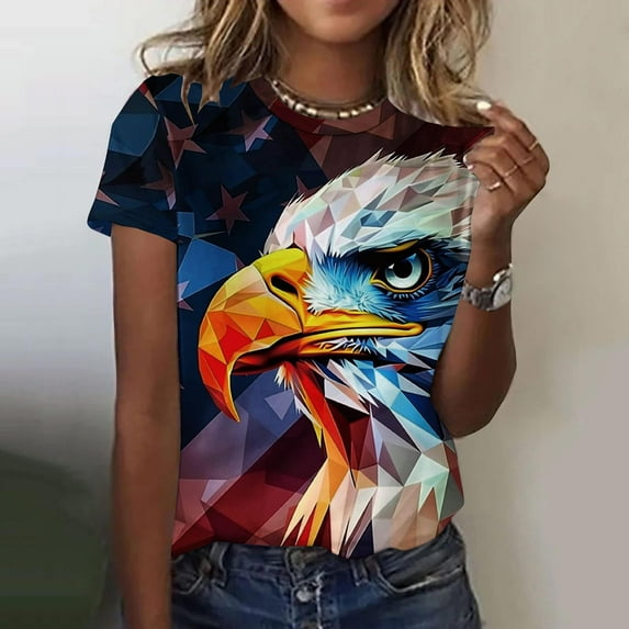 Vivianyo HD American Flag T-Shirt For Women Summer 2024 Vacation Casual Print 4Th Of July Clothes Patriotic Graphic Tees Tops Loose Round Neck Boho Short Sleeve Shirts Comfy Tunic Clothes