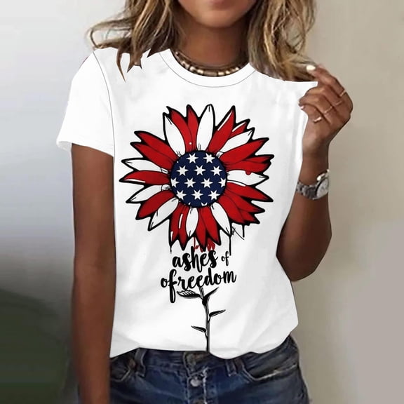 Vivianyo HD American Flag T-Shirt For Women Summer 2024 Vacation Casual Print 4Th Of July Clothes Patriotic Graphic Tees Tops Loose Round Neck Boho Short Sleeve Shirts Comfy Tunic Clothes
