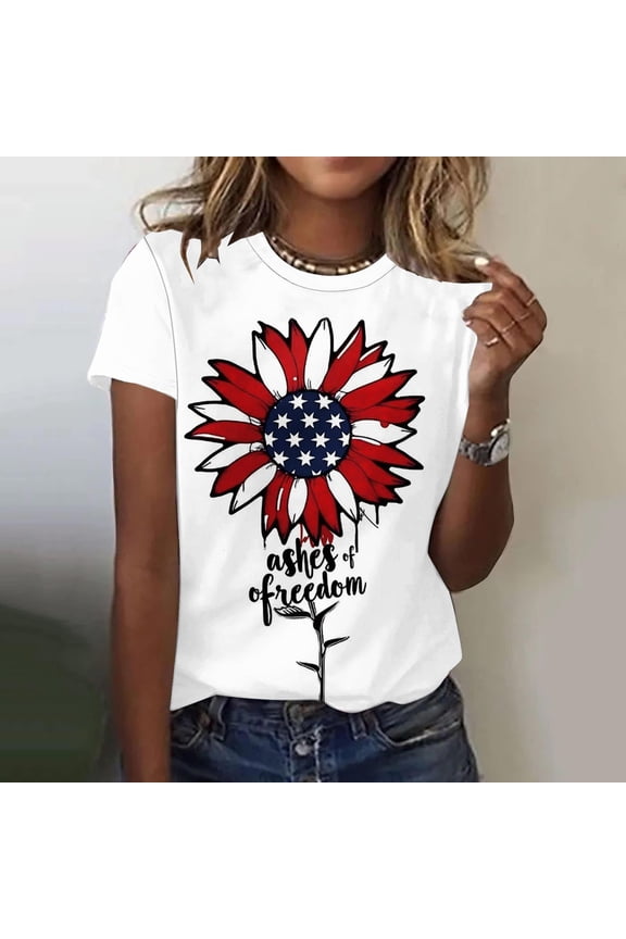 American Flag T-Shirt For Women Summer 2024 Vacation Casual Print 4Th Of July Clothes Patriotic Graphic Tees Tops Loose Round Neck Boho Short Sleeve Shirts Comfy Tunic Clothes