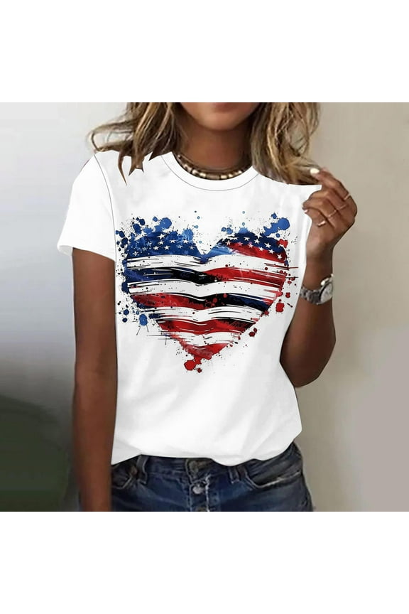 American Flag T-Shirt For Women Summer 2024 Vacation Casual Print 4Th Of July Clothes Patriotic Graphic Tees Tops Loose Round Neck Boho Short Sleeve Shirts Comfy Tunic Clothes