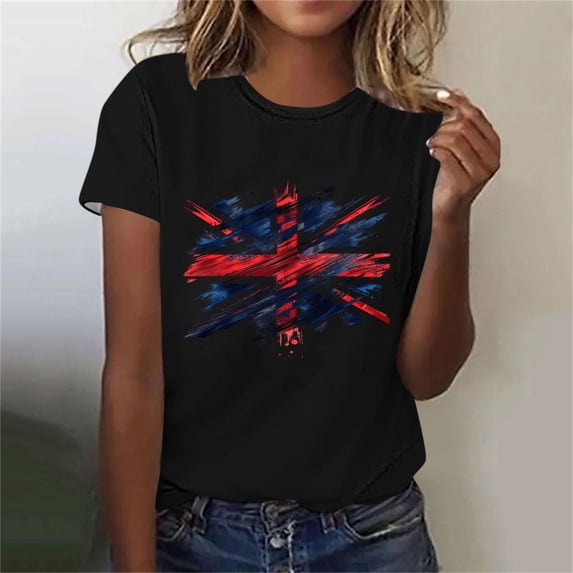 Vivianyo HD American Flag T-Shirt For Women Summer 2026 Vacation Casual Print 4Th Of July Clothes Patriotic Graphic Tees Tops Loose Round Neck Boho Short Sleeve Shirts Comfy Tunic Clothes