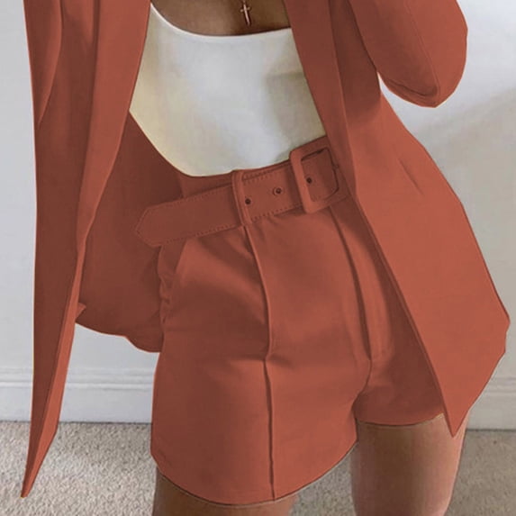 Vivianyo HD Business Suit for Women Solid Suit Pant with Pockets Waisted Shorts with Belt Suit Jacket and Shorts