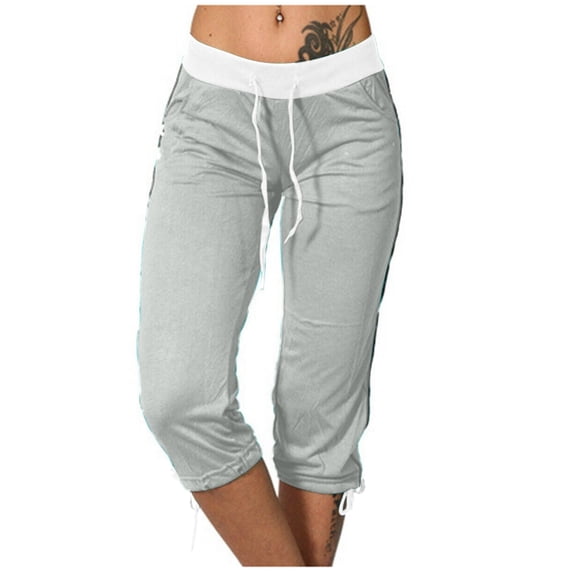 Vivianyo HD Capris Pants for Women Plus Size 2024 Summer High Waisted Solid Color Capris Color Matching Slim Fitting Yoga Gym Pants Cotton Linen Shorts Summer Saving Clearance