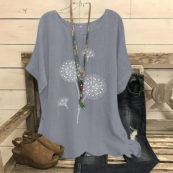 Vivianyo HD Casual Women's Summer Short Sleeve T-Shirt Fashion Women's Summer Round-Neck Short Sleeve Print Casual Blouses Tops