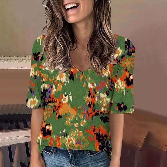 Vivianyo HD Casual Women's Summer Short Sleeve T-Shirt Women's Fashion Casual Printed Short-Sleeved V-Neck T-Shirt Top