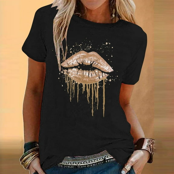 Vivianyo HD Casual Women's Summer Short Sleeve T-Shirt Women's Fashion Printed Round Neck Short Sleeve T-shirt Blouse Loose Tops