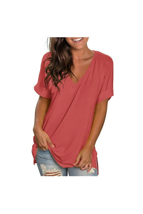 Casual Women's Summer Short Sleeve T-Shirt Women's Fashion Solid Blouse V-neck Short Sleeve Loose T-shirt Tops