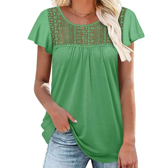 Vivianyo HD Casual Women's Summer Short Sleeve T-Shirt Women's Solid Round Neck Lace Ruffle Sleeve Net Short Sleeved Slim Top Short Sleeved Round Neck Top/shirt