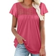 thumbnail image 1 of Vivianyo HD Casual Women's Summer Short Sleeve T-Shirt Women's Solid Round Neck Lace Ruffle Sleeve Net Short Sleeved Slim Top Short Sleeved Round Neck Top/shirt, 1 of 6