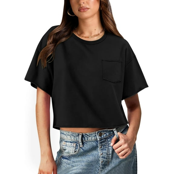 Vivianyo HD Casual Women's Summer Short Sleeve T-Shirt Women's Solid Round Neck Short Exposed Navel Top With Back Design And Pockets Loose Fitting T-shirt Short Sleeved Round Neck Top/shirt