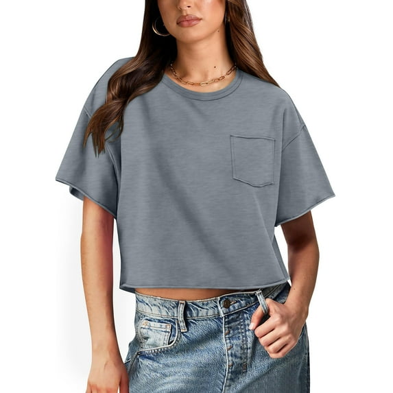 Vivianyo HD Casual Women's Summer Short Sleeve T-Shirt Women's Solid Round Neck Short Exposed Navel Top With Back Design And Pockets Loose Fitting T-shirt Short Sleeved Round Neck Top/shirt