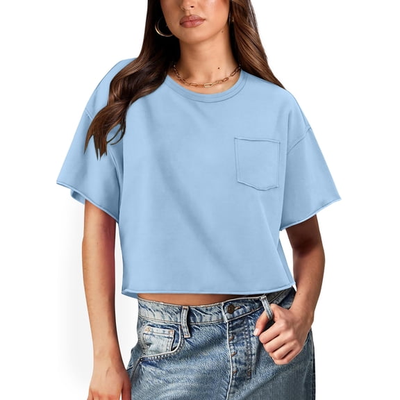 Vivianyo HD Casual Women's Summer Short Sleeve T-Shirt Women's Solid Round Neck Short Exposed Navel Top With Back Design And Pockets Loose Fitting T-shirt Short Sleeved Round Neck Top/shirt
