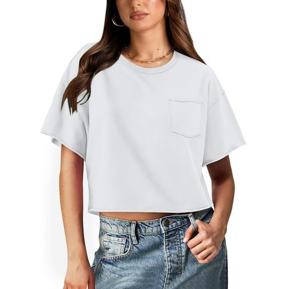 Vivianyo HD Casual Women's Summer Short Sleeve T-Shirt Women's Solid Round Neck Short Exposed Navel Top With Back Design And Pockets Loose Fitting T-shirt Short Sleeved Round Neck Top/shirt