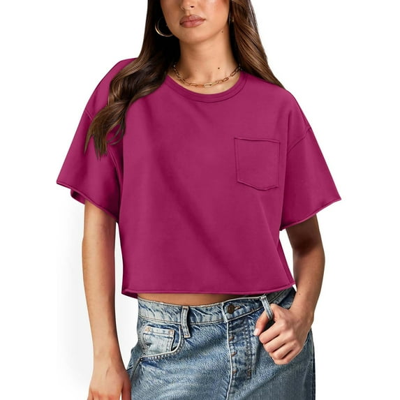 Vivianyo HD Casual Women's Summer Short Sleeve T-Shirt Women's Solid Round Neck Short Exposed Navel Top With Back Design And Pockets Loose Fitting T-shirt Short Sleeved Round Neck Top/shirt