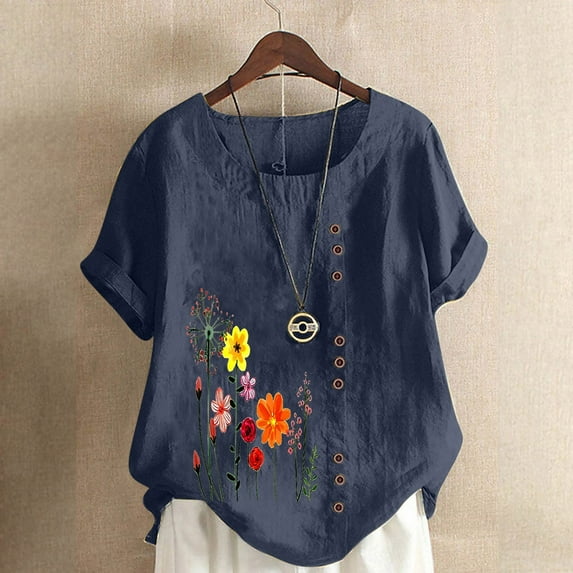 Vivianyo HD Casual Women's Summer Short Sleeve T-Shirt Women's Summer Casual Round Neck Short Sleeve Flower Printing Loose Shirt Tops