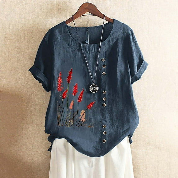 Vivianyo HD Casual Women's Summer Short Sleeve T-Shirt Women's Summer Casual Short Sleeve Flower Printing Loose Shirt Round Neck Tops