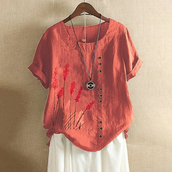 Vivianyo HD Casual Women's Summer Short Sleeve T-Shirt Women's Summer Casual Short Sleeve Flower Printing Loose Shirt Round Neck Tops