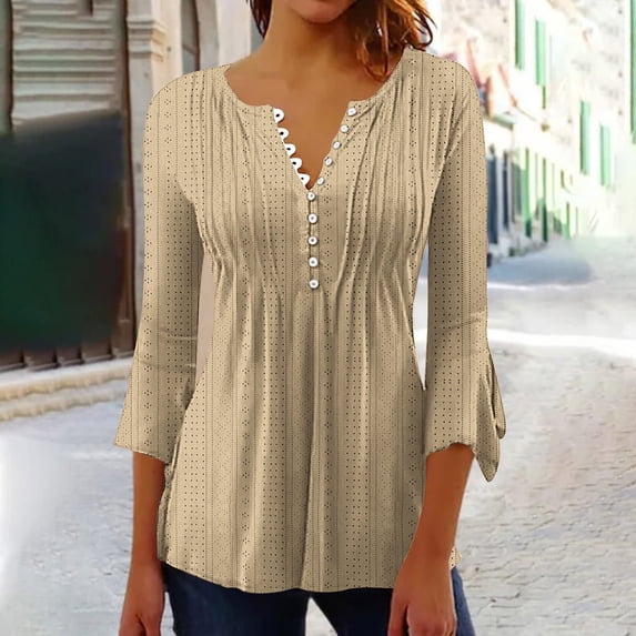 Vivianyo HD Classic Women's 3/4 Sleeve Shirt Women's Casual Button Pleated Waist Flared Cropped 3/4 Sleeve Top