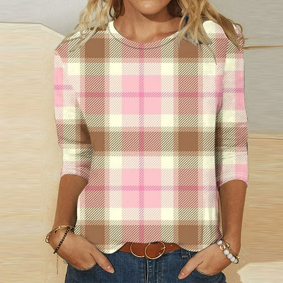 Vivianyo HD Classic Women's 3/4 Sleeve Shirt Women's Fashion Printed T-shirt 3/4 Sleeves Blouse Round Neck Casual Tops