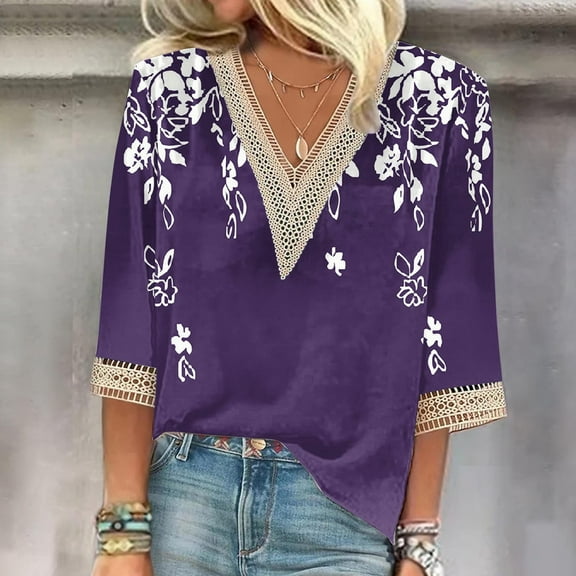 Vivianyo HD Classic Women's 3/4 Sleeve Shirt Women's Printed Pullover V-neck Lace T-shirt With 4/3 Sleeves And 3/4 Sleeves Top