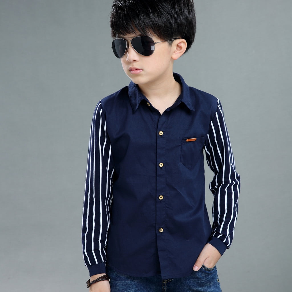 Vivianyo HD Clothes for Boys Clearance Teen Baby Kids Boys Long Sleeve Stripe Fastener Gentleman Shirt Tops Clothes Rollbacks Navy