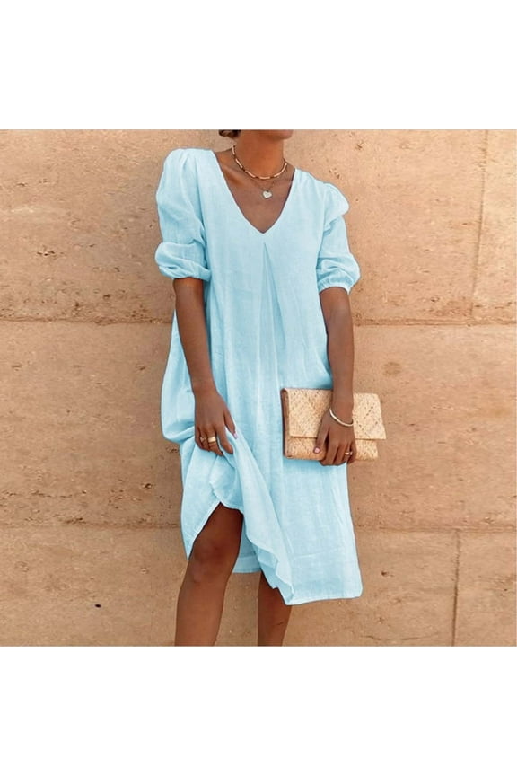 Dresses for Women 2024 Cotton Linen Solid Fashion Medium Sleeve Casual Pleated Medium Length Dress
