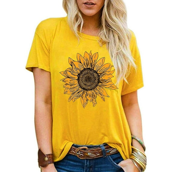Vivianyo HD Graphic Tees for Women Plus Size Tops Clearance Casual Loose Sunflower Printing Short Sleeve Round Neck Top Blouse Shirts