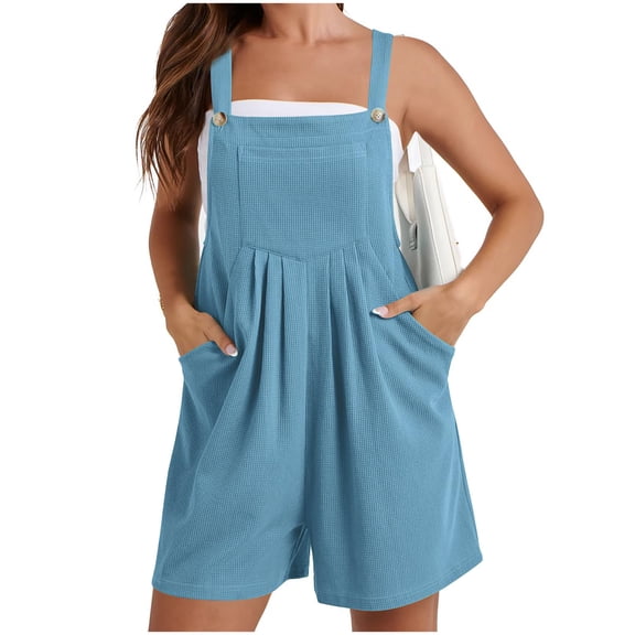 Vivianyo HD Ladies' Suspender Denim Shorts Women's Fashion Solid Color Loose Adjustable Sleeveless Double Pocket Overalls Wide Leg Jumpsuit Overalls