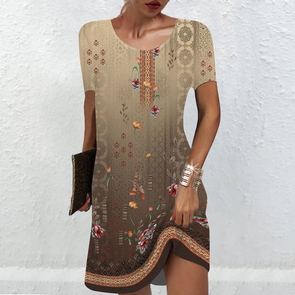 Vivianyo HD Long Sleeve Dress for Women Women's Fashion Round-Neck Short Sleeved Printed Pullover Dress