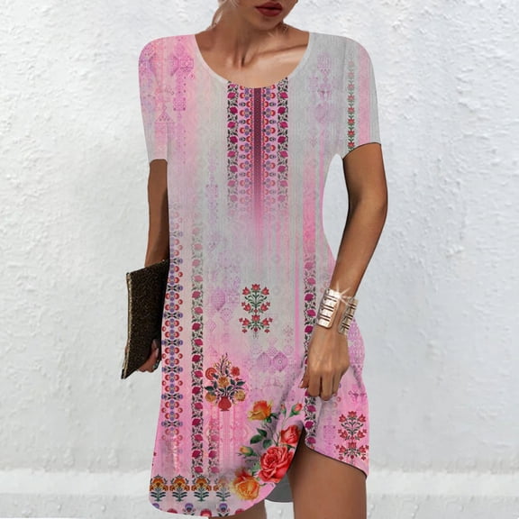 Vivianyo HD Long Sleeve Dress for Women Women's Fashion Round-Neck Short Sleeved Printed Pullover Dress