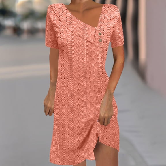 Vivianyo HD Long Sleeve Dress for Women Women's Fashion Solid Color Short Sleeve Round-Neck Mid-Calf Dress