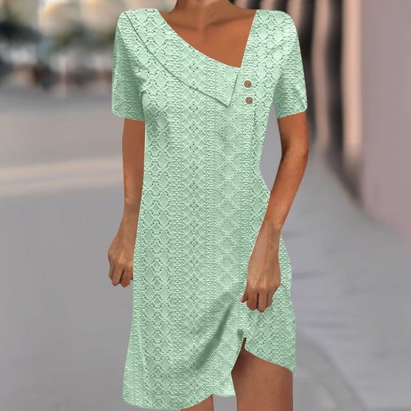 Vivianyo HD Long Sleeve Dress for Women Women's Fashion Solid Color Short Sleeve Round-Neck Mid-Calf Dress