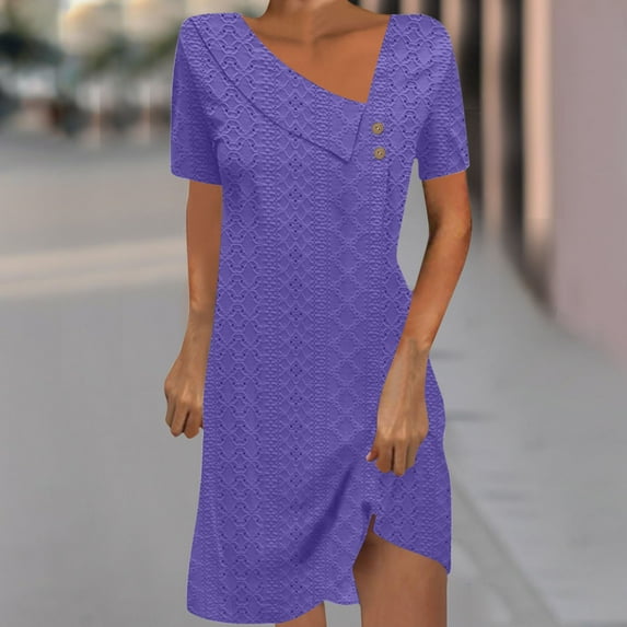 Vivianyo HD Long Sleeve Dress for Women Women's Fashion Solid Color Short Sleeve Round-Neck Mid-Calf Dress