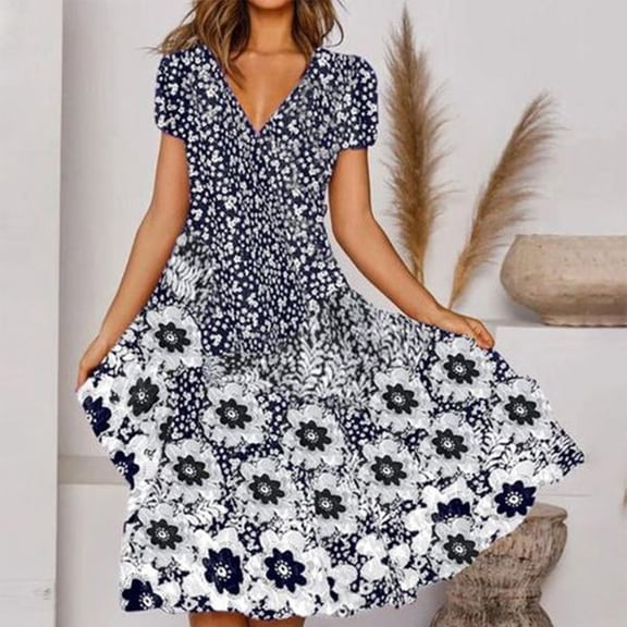 Vivianyo HD Long Sleeve Dress for Women Women's Summer Flower Printing Short Sleeve V Neck Lace Splicing Dresses Fashion Full Skirt Dress