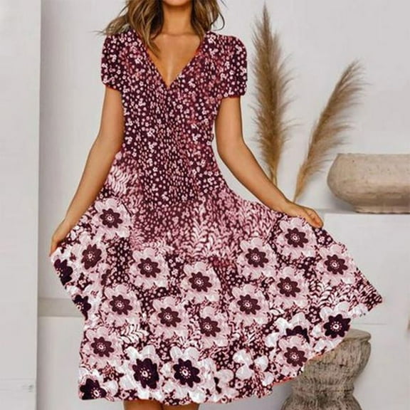 Vivianyo HD Long Sleeve Dress for Women Women's Summer Flower Printing Short Sleeve V Neck Lace Splicing Dresses Fashion Full Skirt Dress