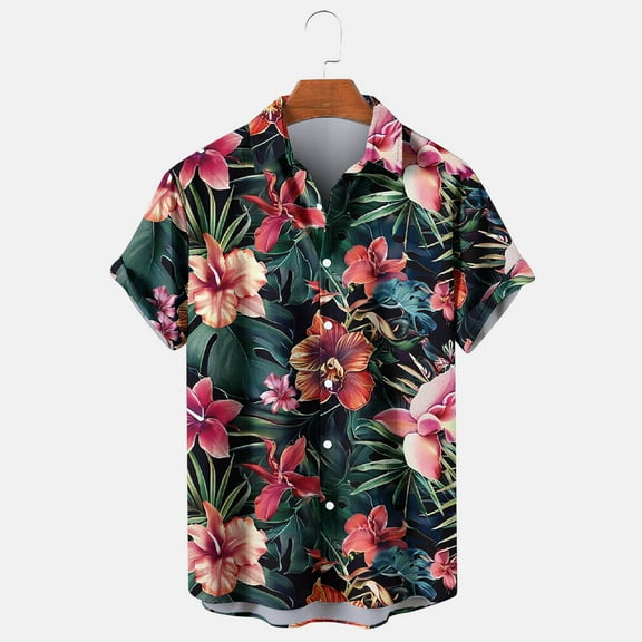 Vivianyo HD Men's Casual Solid Short Sleeve Hawaii Button Down Shirt Summer Fashion Casual Men's Collar Printed Festival Shirt Top
