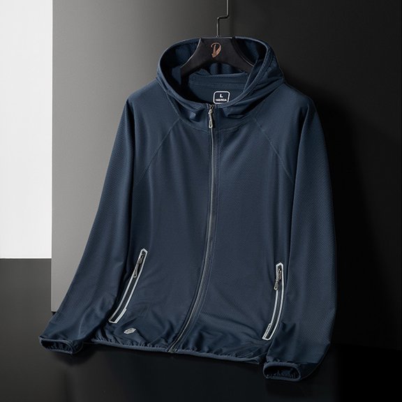 Vivianyo HD Men's Hooded Long Sleeve Sun Protection Jacket Summer Solid Color Sunscreen Jacket With Hooded Protective Line Jacket