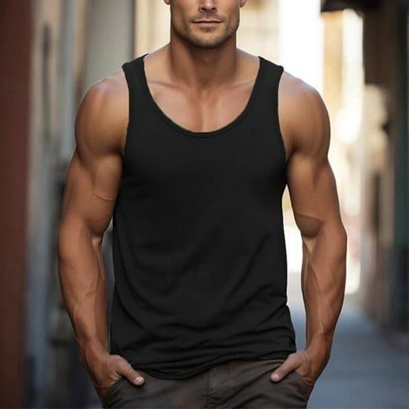Vivianyo HD Men's Sleeveless Tank Top Big and Tall Men's Fashion Casual Summer Solid Color Camisole Sport Round-Neck Tank Top