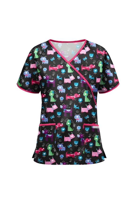 HD Nursing Uniform Scrub Top for Women Print Plus Size Short Sleeve Button V-Neck Shirt Blouse Tops Clearance
