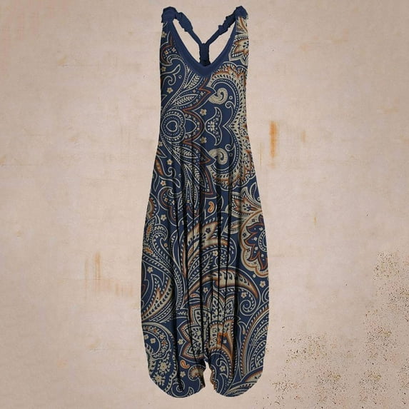 Vivianyo HD Plus Size Women Pants Clearance Women Casual Boho Print Romper Long Playsuit Strapless Sleeveless Jumpsuit Flash Picks Navy