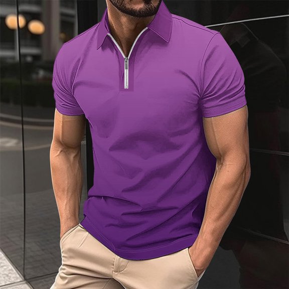 Vivianyo HD Short Sleeve Shirt for Men,Big Men Casual Printed Short Sleeve Turn Down Collar Zipper T-Shirt Blouse Tops