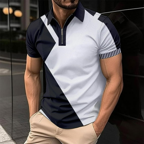 Vivianyo HD Short Sleeve Shirt for Men,Big Men Casual Solid Turndown Pullover Patchwork Zipper Short Sleeve Blouse