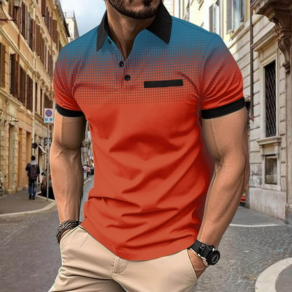 Vivianyo HD Short Sleeve Shirt for Men,Big Men's Polka Gradient Lapel Button Sport Short-Sleeved Lapel Top Shirt