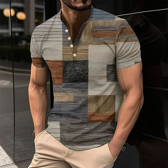 Vivianyo HD Short Sleeve Shirt for Men,Big Men's Printing Button Casual Short Sleeve Round-Neck Blouses Shirts