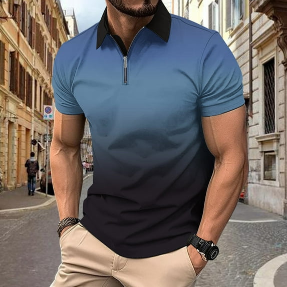 Vivianyo HD Short Sleeve Shirt for Men,Big Men's Striped Zip-Up Lapel Short-Sleeved Top Sports Lapel Top Shirt