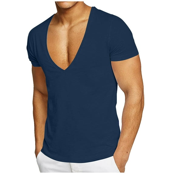 Vivianyo HD Short Sleeve Shirt for Men,Big Men's Summer Fitness Sports Leisure Sweatwicking Solid Color V-neck T-shirt